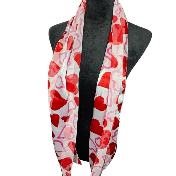 Red Pink Heart Print Satin Scarf Valentine’s Day Gift Wrap Accessory - Picture 4 of 8